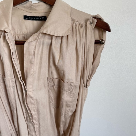 Zara Safari Style Dress W M Tan button up belted collared cap sleeve rare style - Picture 3 of 12